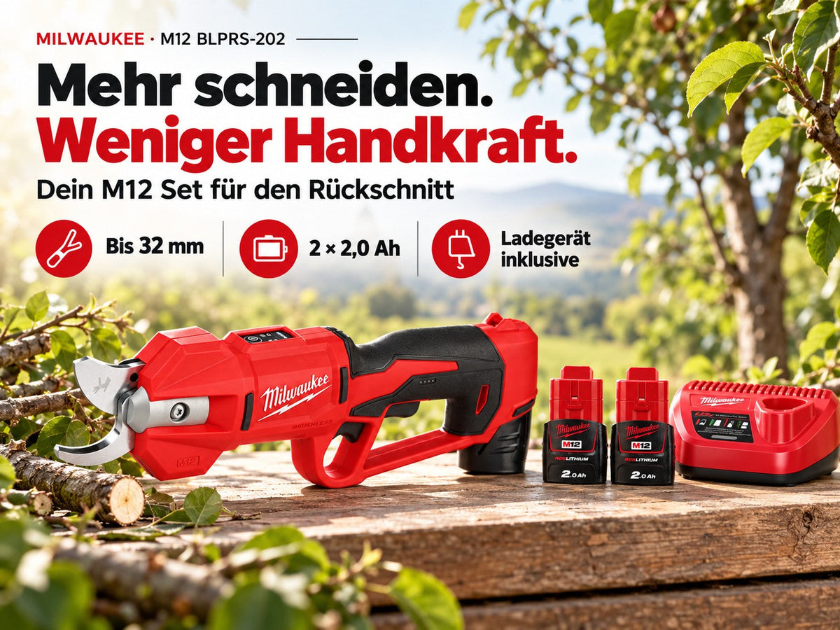 Milwaukee M12 BLPRS-202 Akku-Astschere – Set mit 2× 2,0 Ah & Ladegerät