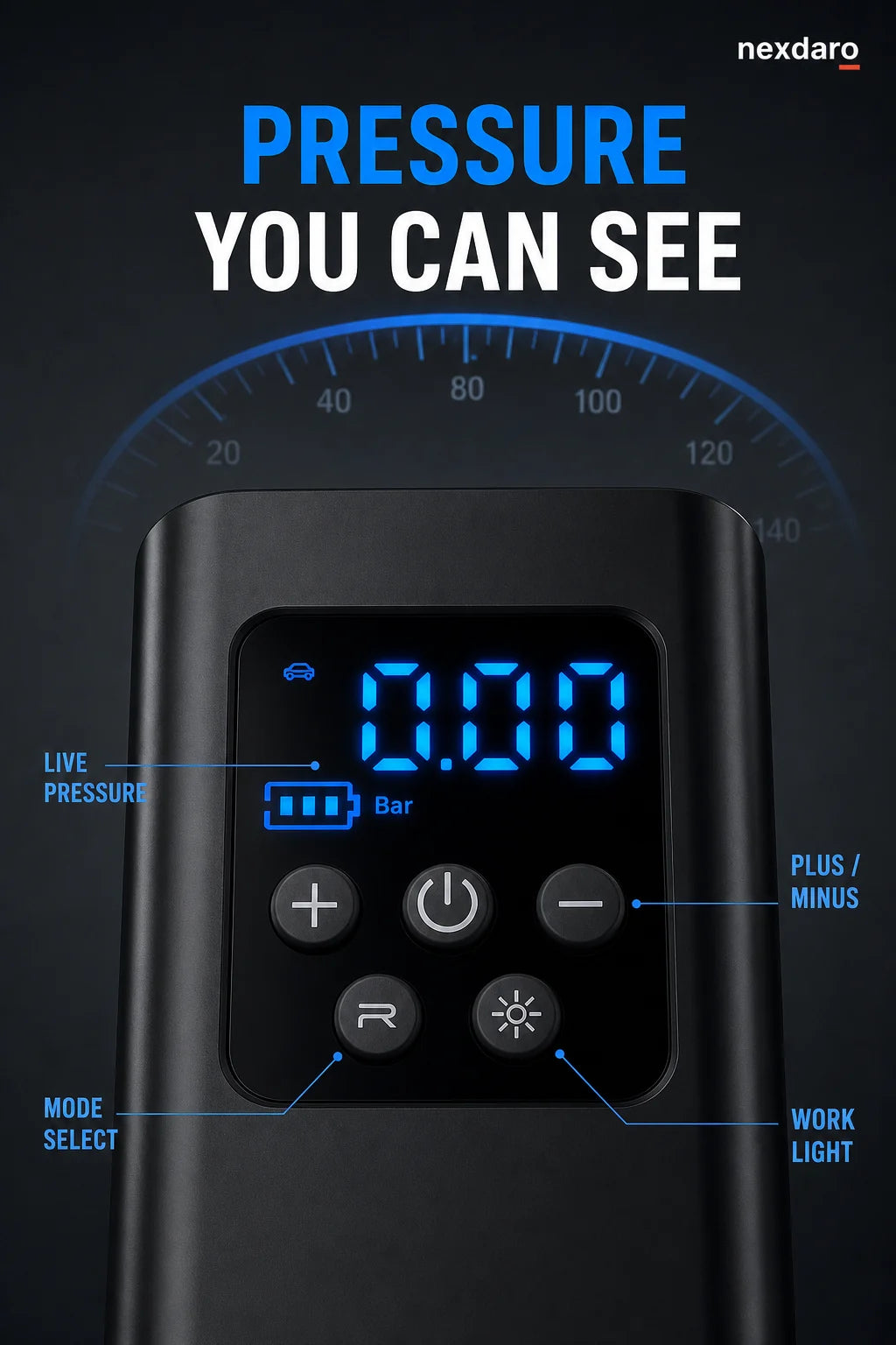 Close view of the illuminated digital pressure display