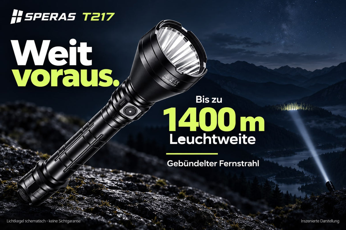 SPERAS T217 LED-Taschenlampe – 1400 Lumen, 1400 m Leuchtweite & USB-C