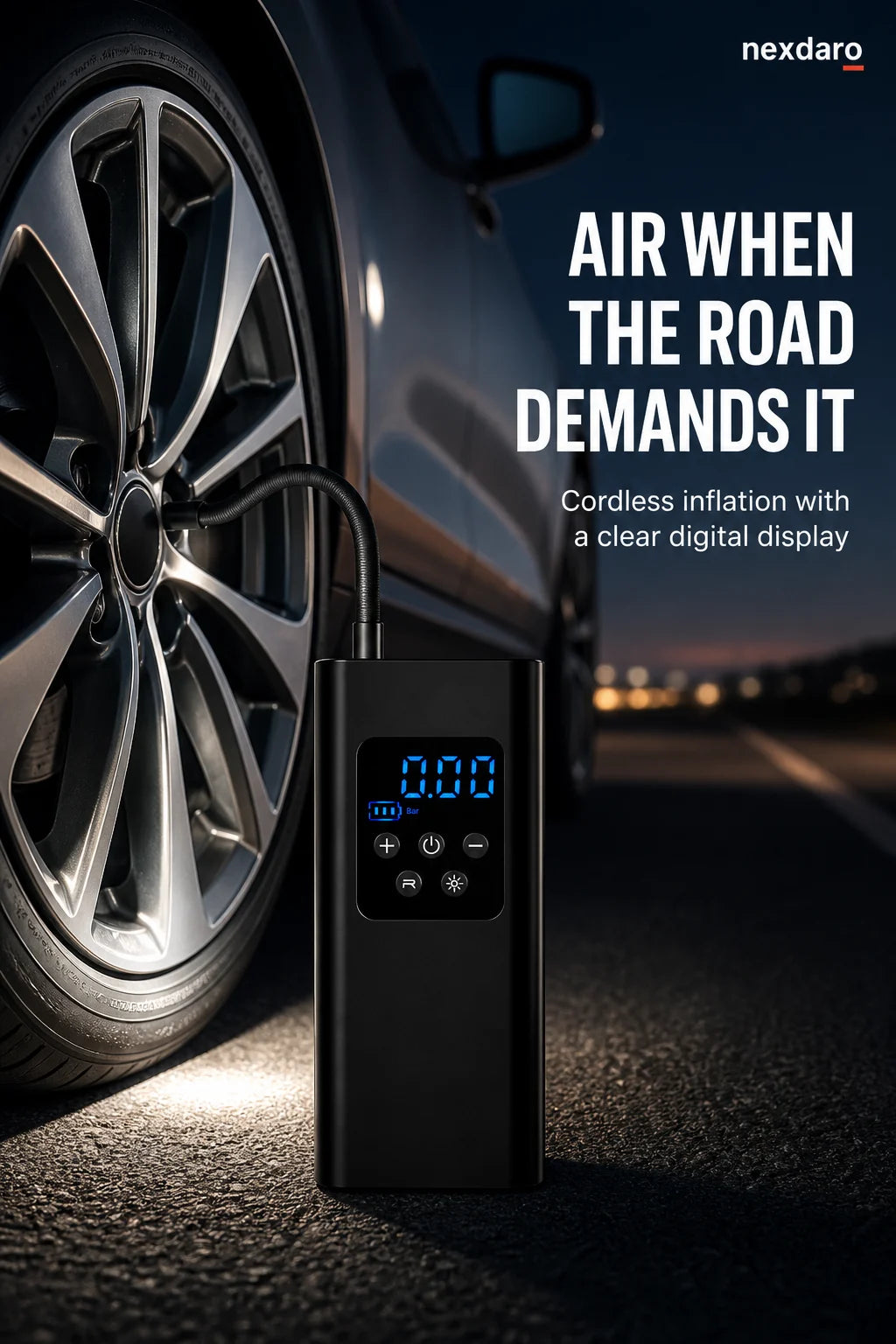NEXDARO cordless tire inflator beside a car wheel