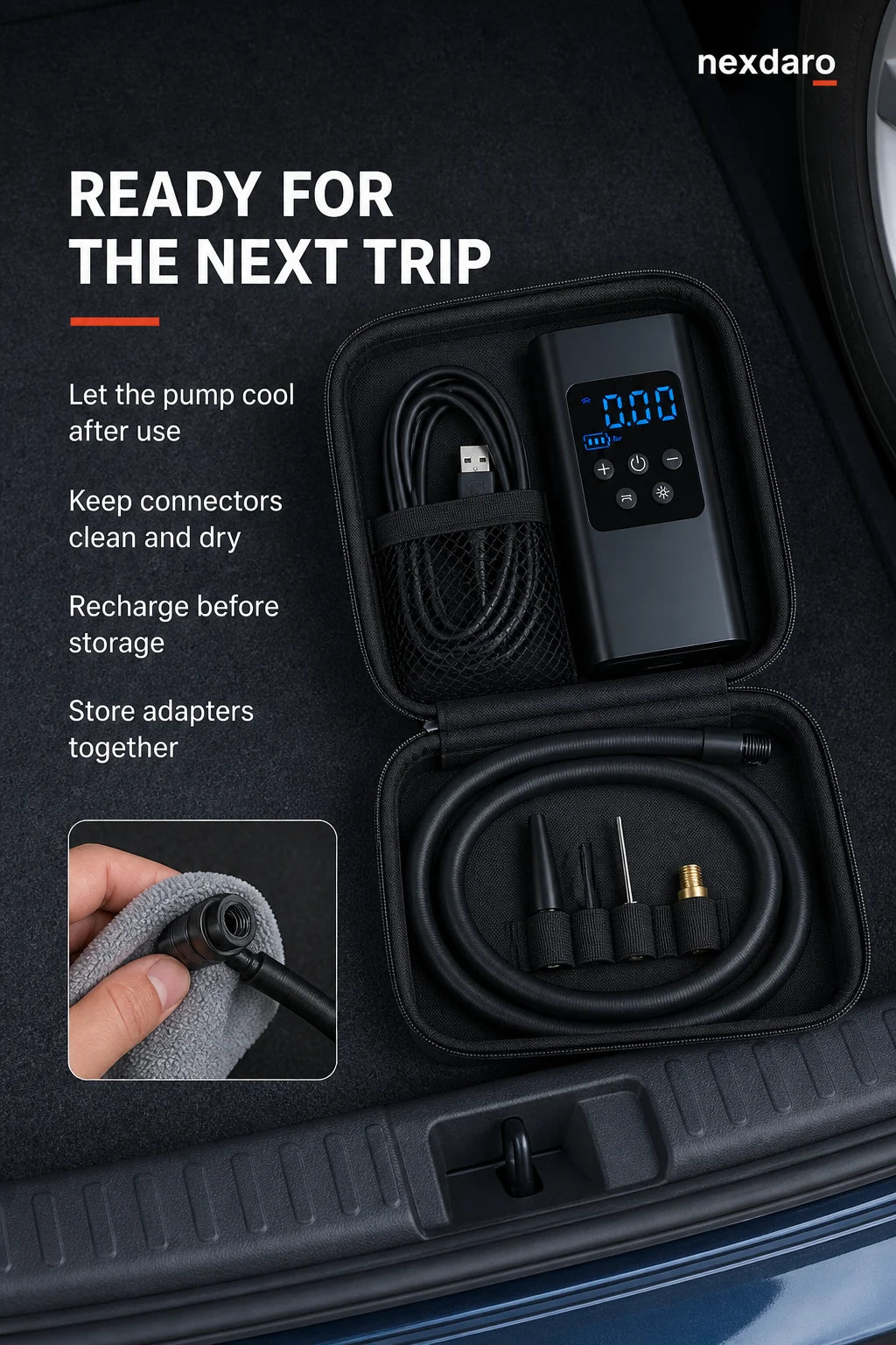 Inflator accessories stored in a vehicle compartment